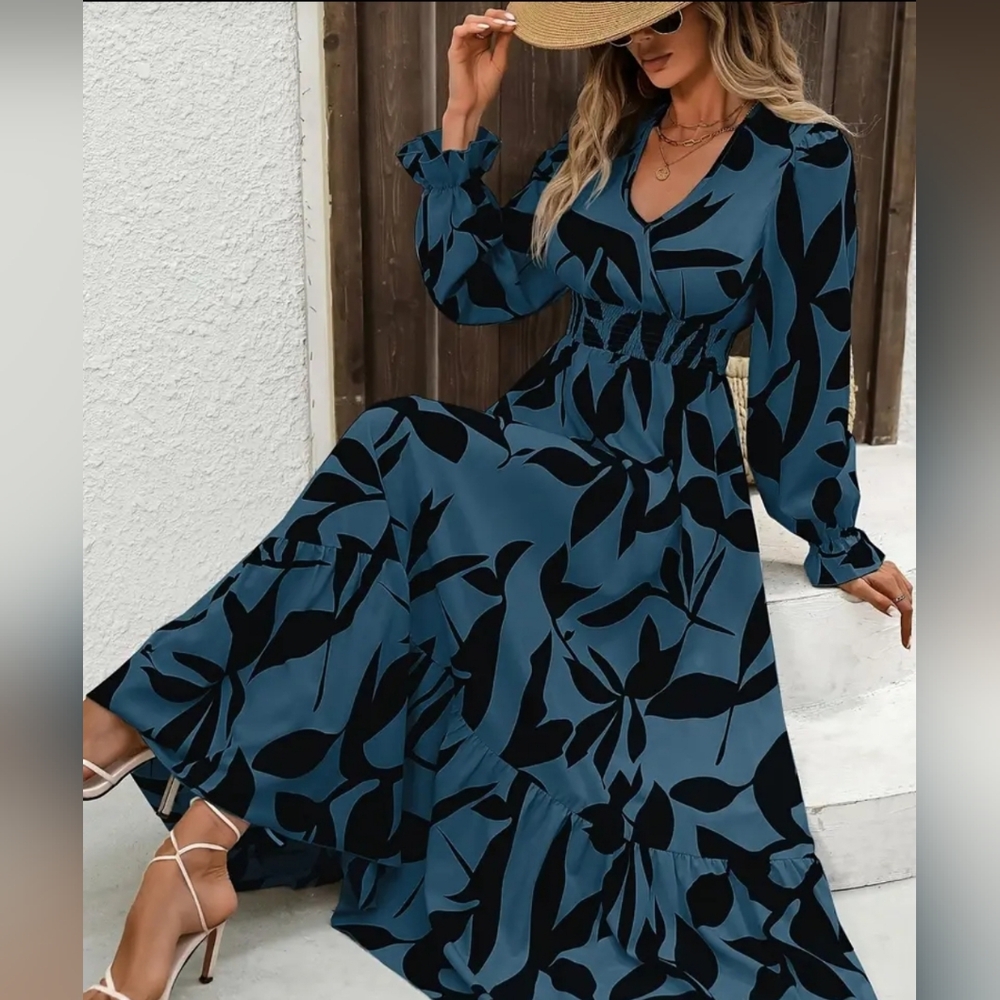 Elegant Black and Blue Floral Maxi Dress